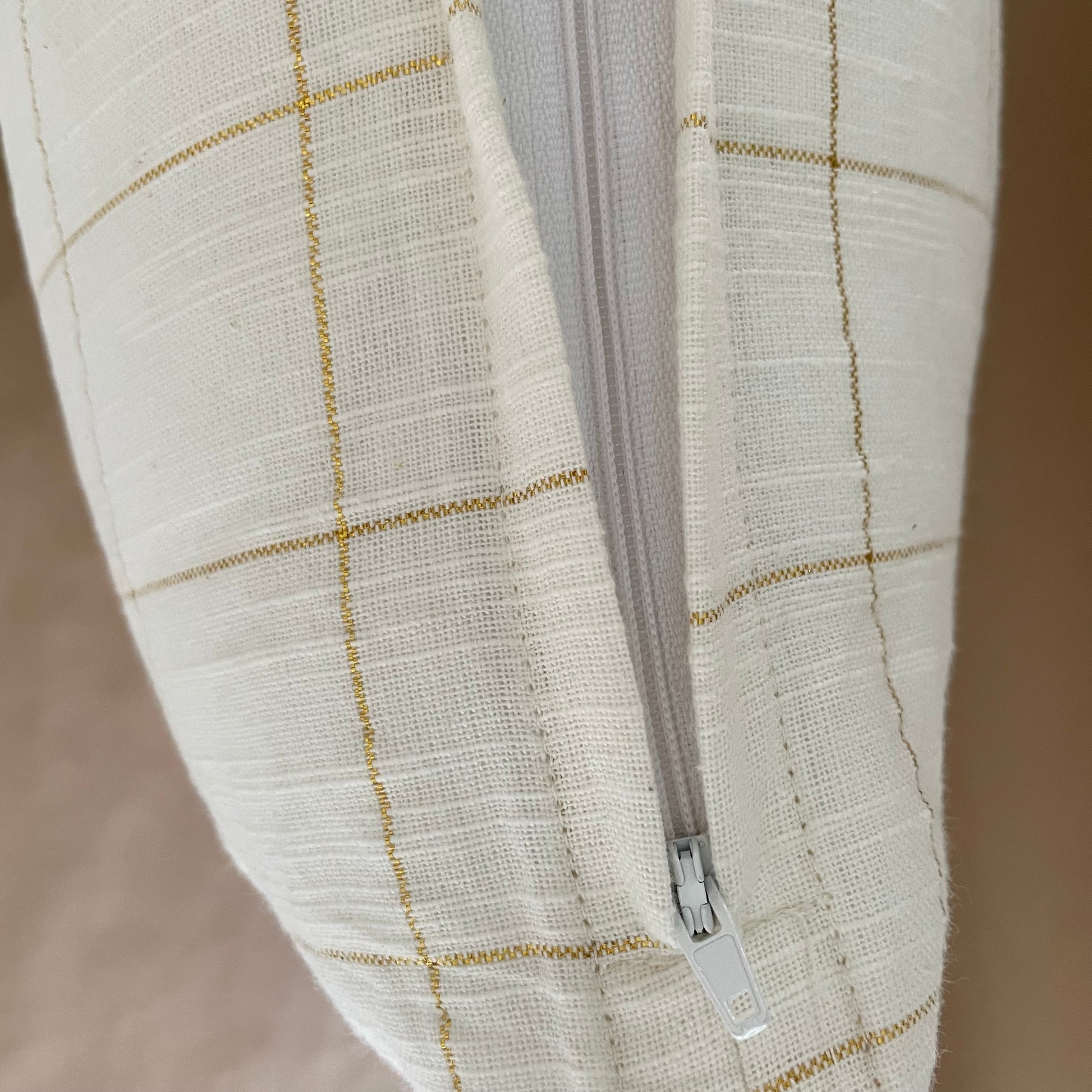 cream square pillow cover with gold thread grid pattern for Christmas decor