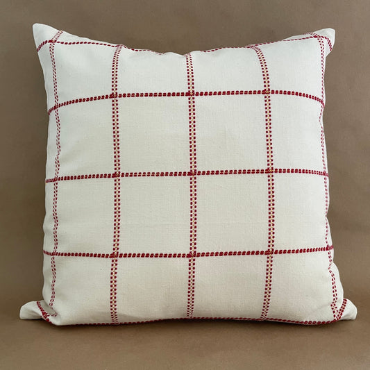 red and cream woven grid 18 inch square pillow cover with gold thread for Christmas decor