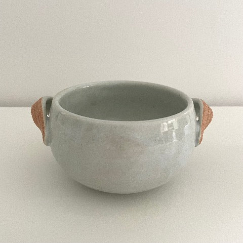 handmade Japanese pottery neutral white tan and light blue soup bowls with handles
