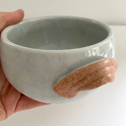 handmade Japanese pottery neutral white tan and light blue soup bowls with handles