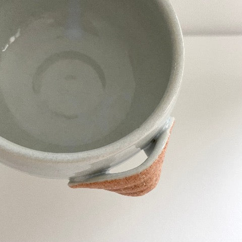 handmade Japanese pottery neutral white tan and light blue soup bowls with handles