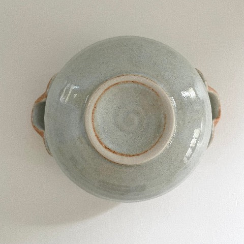 handmade Japanese pottery neutral white tan and light blue soup bowls with handles