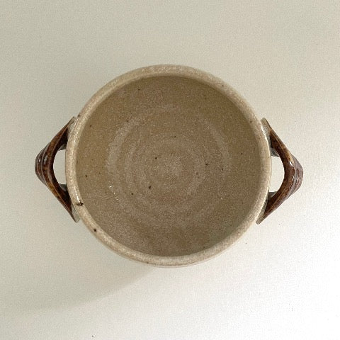 handmade Japanese pottery neutral white tan and light blue soup bowls with handles