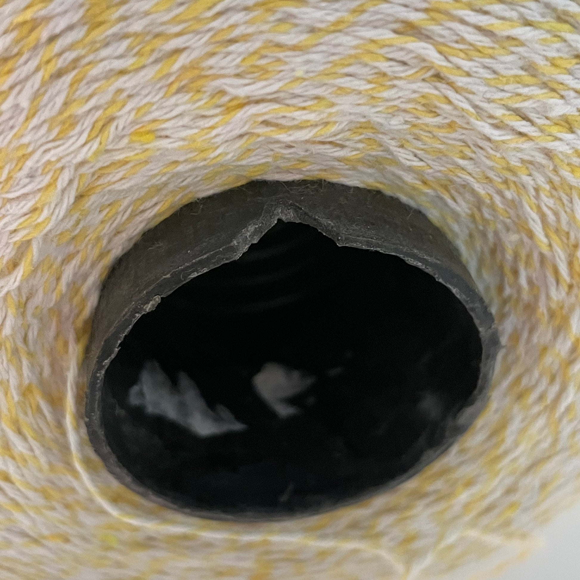 yellow and white striped bakers twine bulk 2 pound cone for crafts and packaging detail showing chips in the cone