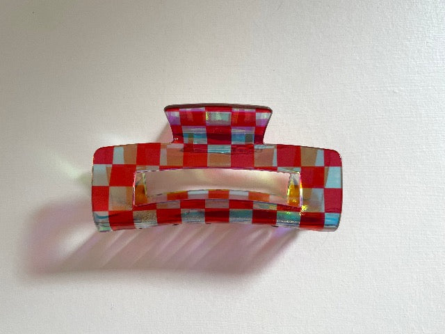 rainbow check clear red shimmer large hair claw
