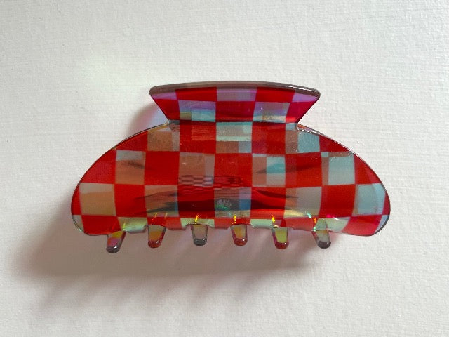 rainbow check clear red shimmer medium hair claw
