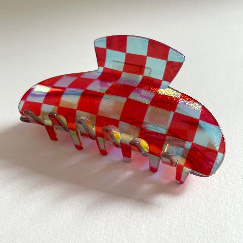 rainbow check clear red shimmer medium hair claw