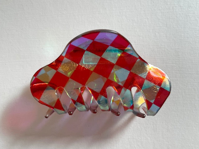 rainbow check clear red shimmer rounded hair claw