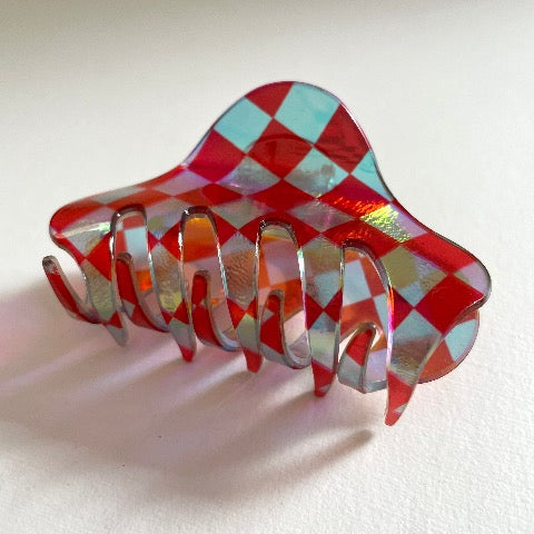 rainbow check clear red shimmer rounded hair claw