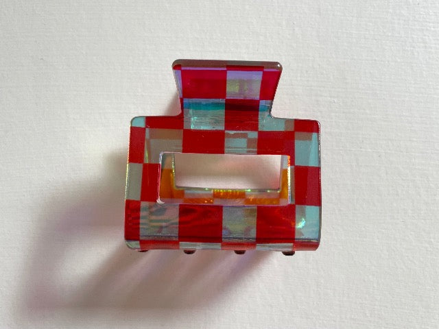 rainbow check clear red shimmer little square hair claw