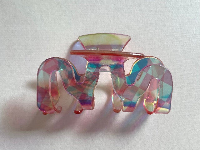 rainbow check clear pink shimmer wave hair claw
