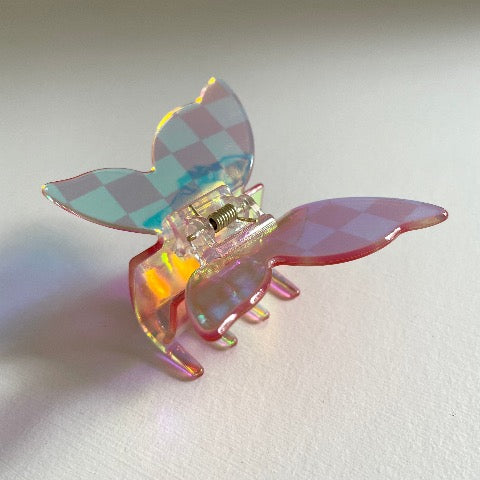 rainbow check clear pink shimmer butterfly hair claw