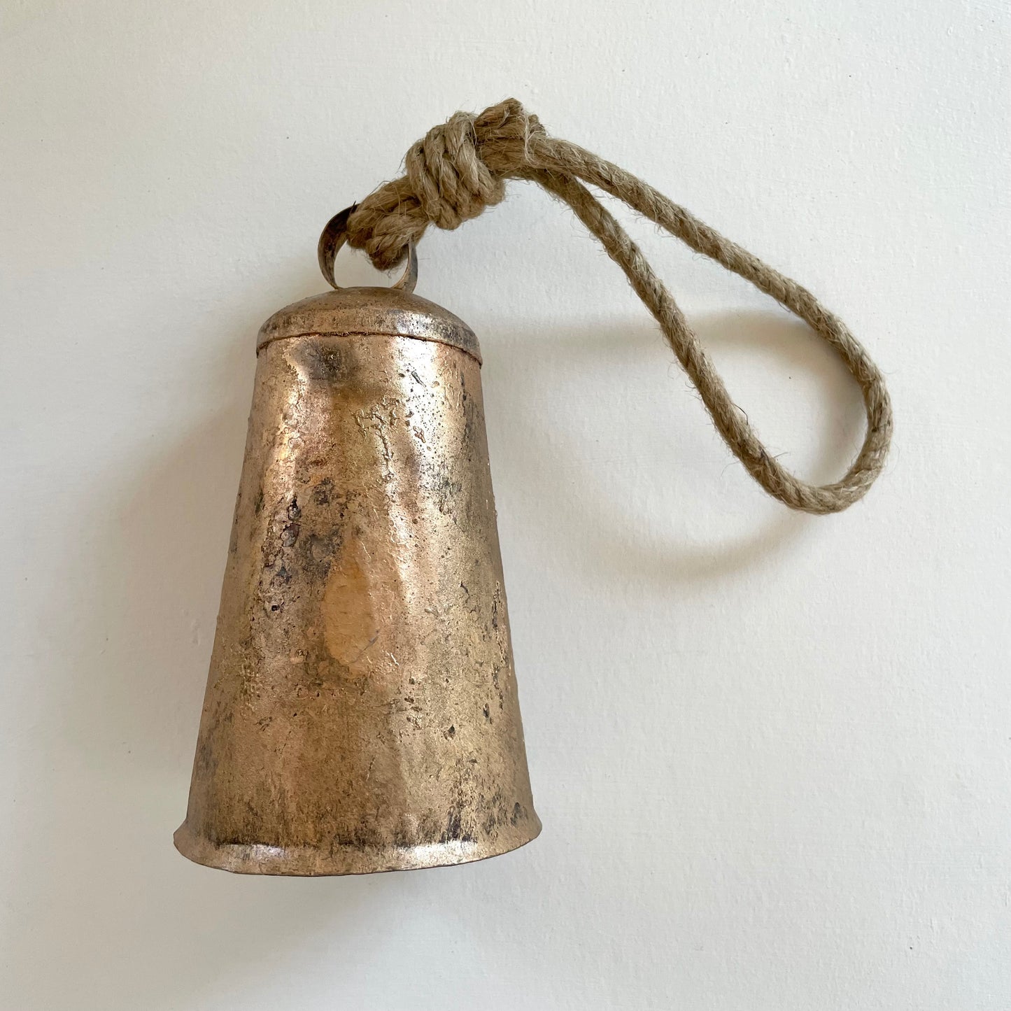 6 1/2 inch flared mermaid brass finished tin bell with jute hanger