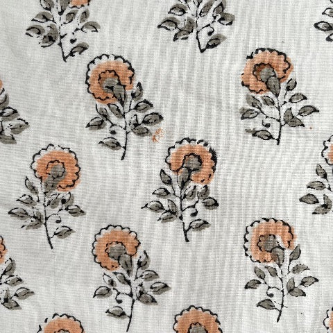 neutral peach and greenish grey floral buds block printed 100 percent cotton 18x18 square pillow cover