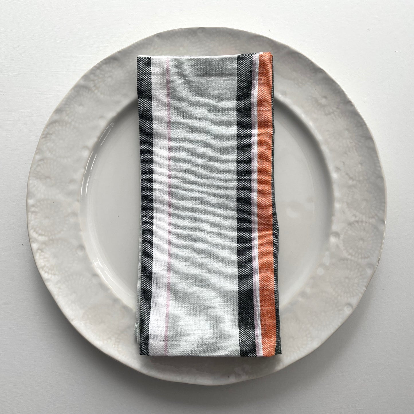 pastel mint green orange and grey striped 18 inch square 100 percent cotton napkin set