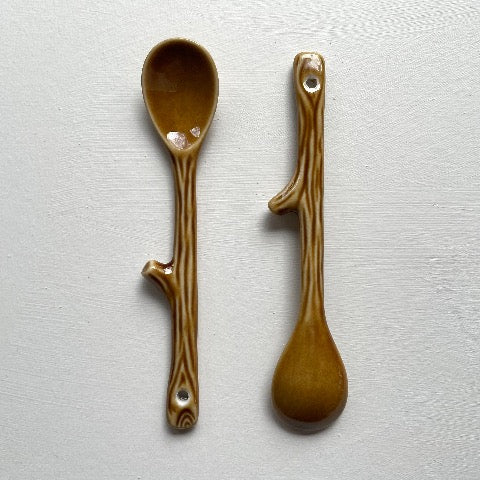 small brown Japanese twig shaped pottery coffee and tea spoons