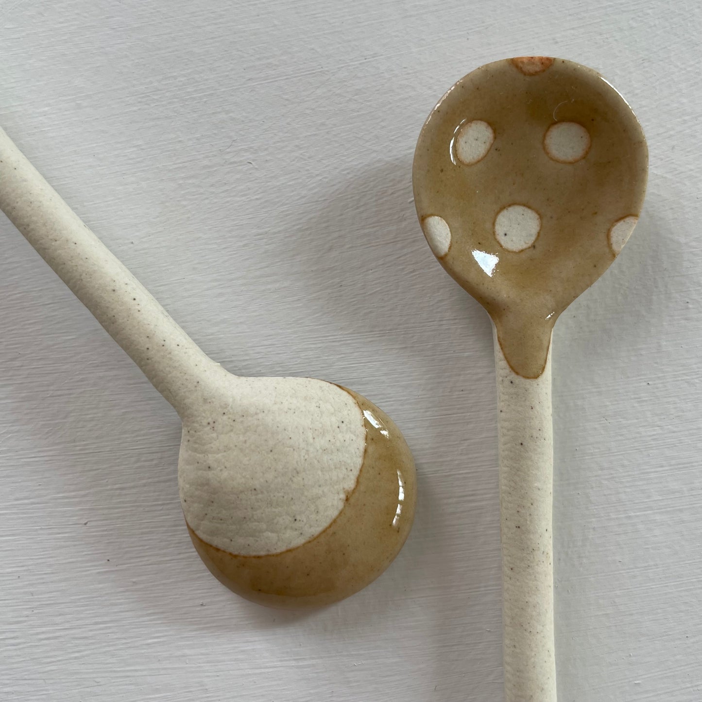 mustard and cream polka dot handmade Japanese ceramic pottery tea or coffee spoons