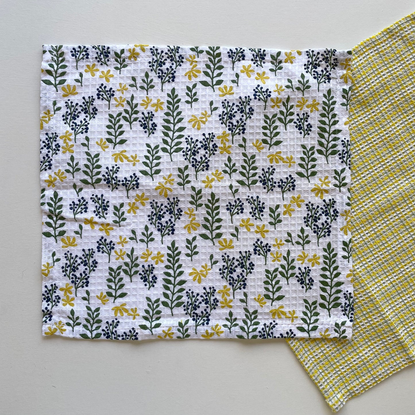 100 percent cotton green and yellow check and botanical print set of 2 kitchen dishcloths