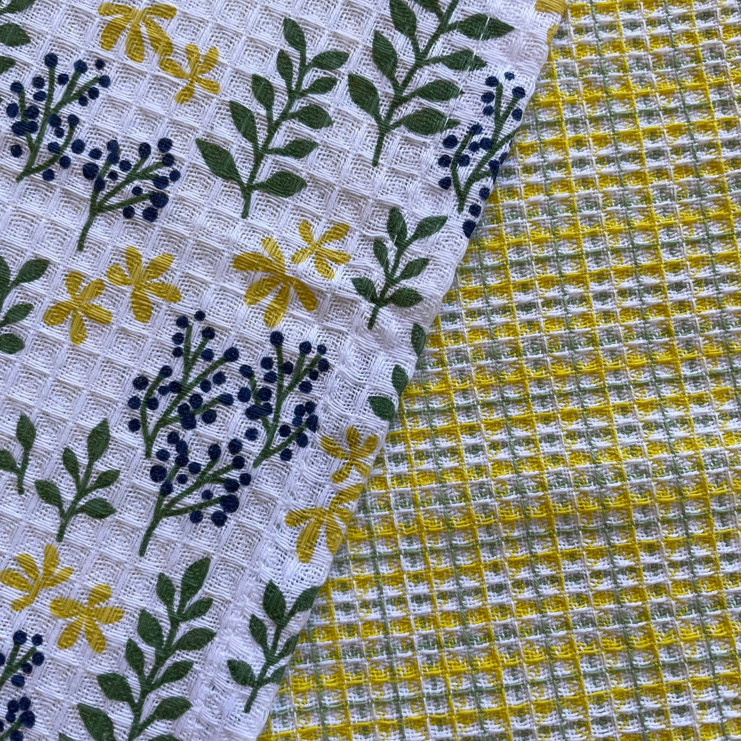 100 percent cotton green and yellow check and botanical print set of 2 kitchen dishcloths