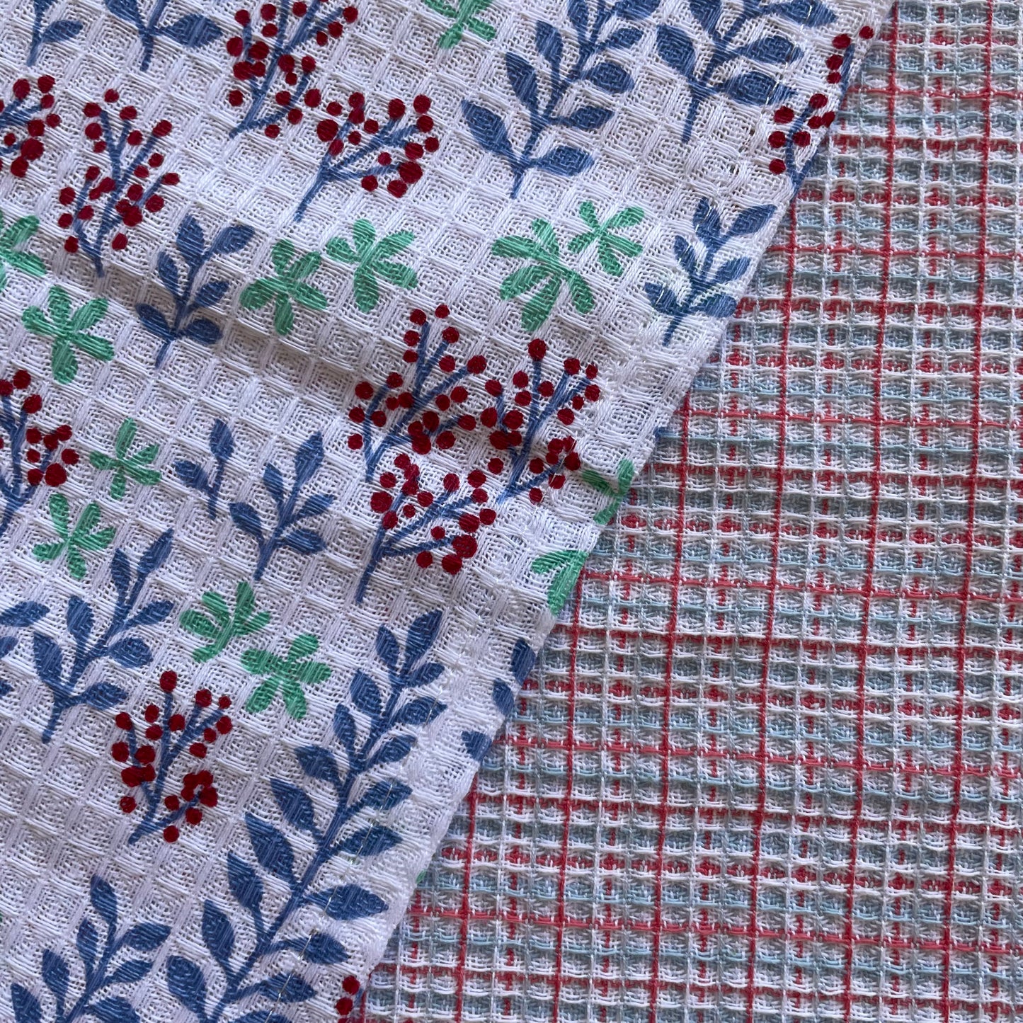 100 percent cotton red green and blue check and botanical print set of 2 kitchen dishcloths