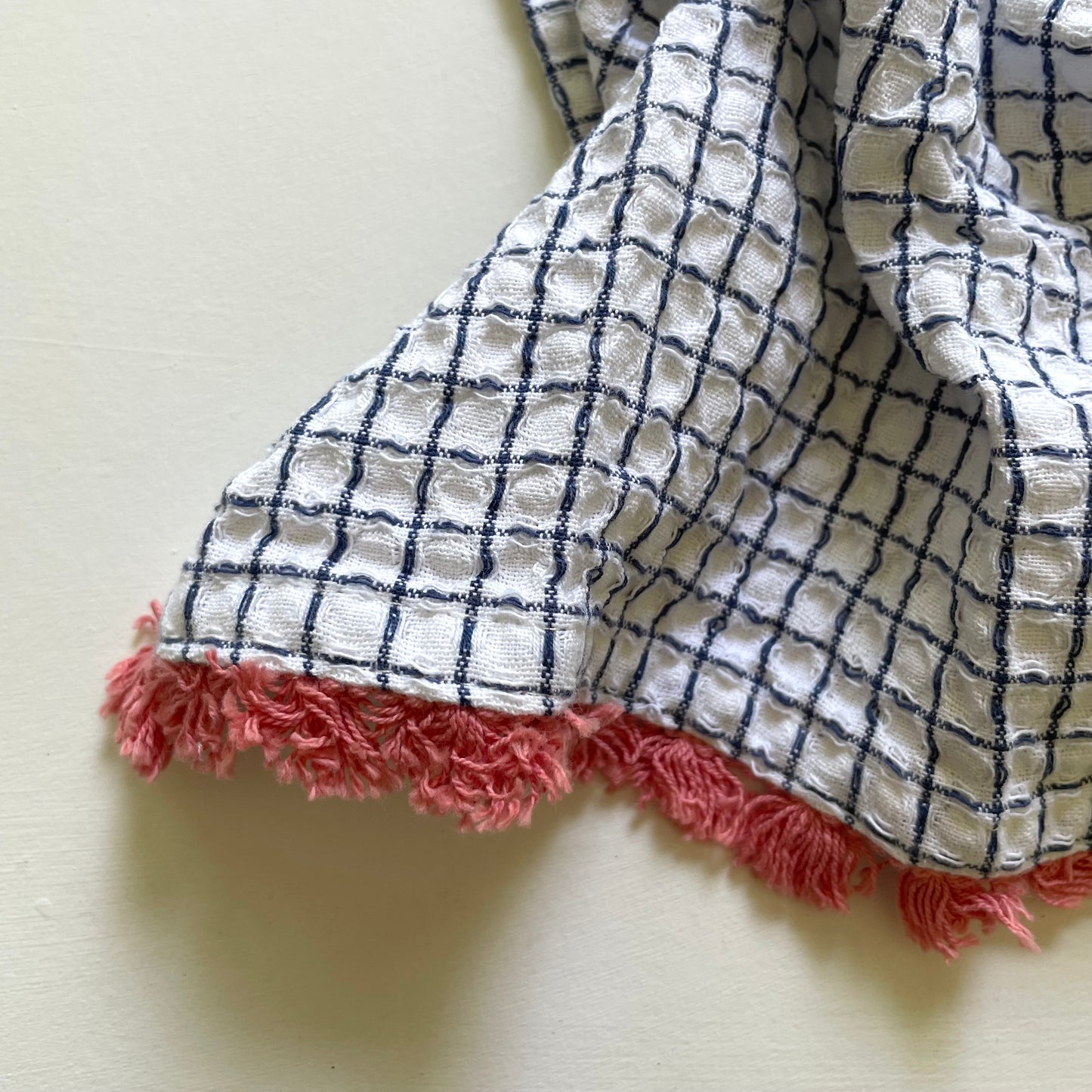 100 cotton waffle kitchen dishcloths with fringe in navy blue with red fringe