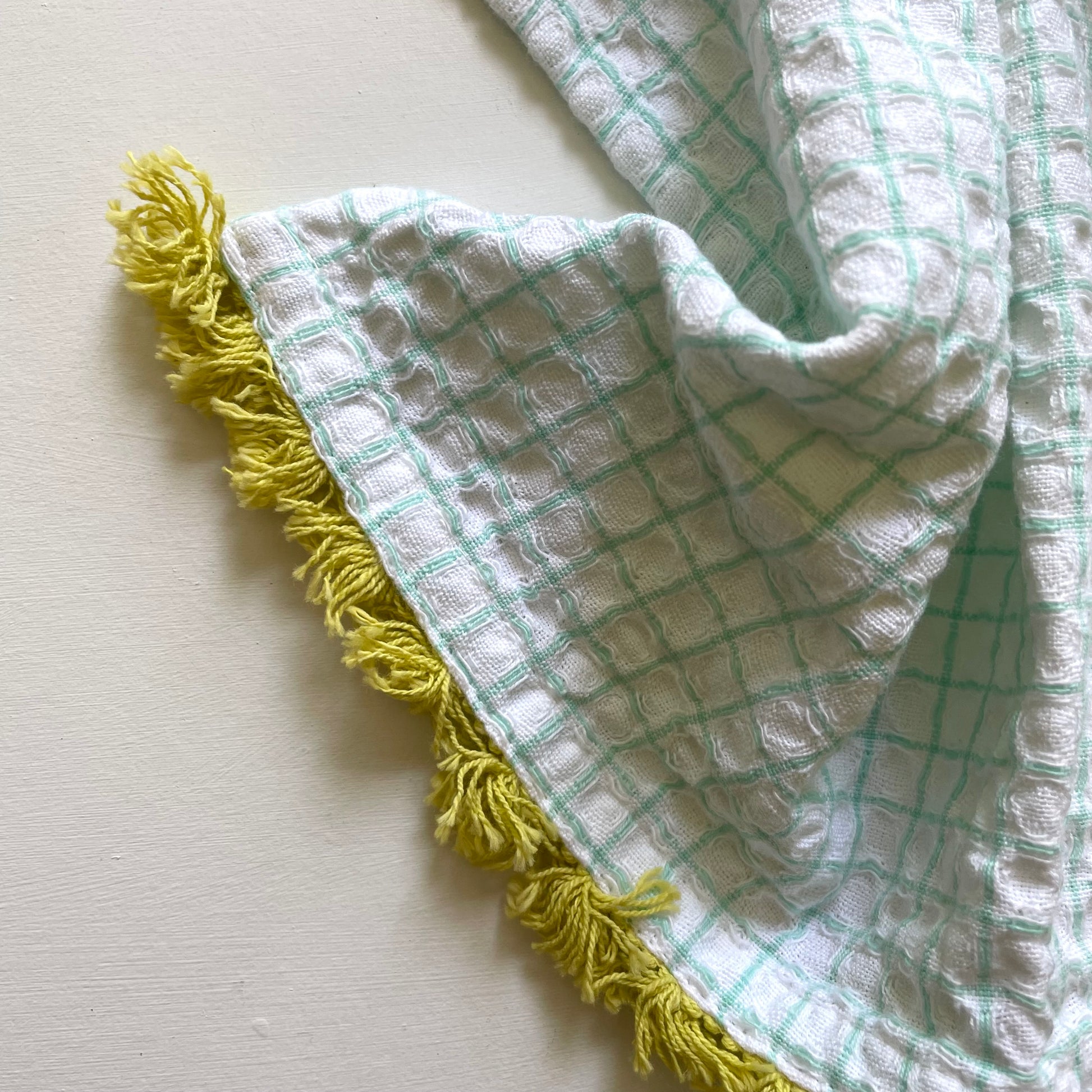 100 cotton waffle kitchen dishcloths with fringe in mint green with lime green fringe