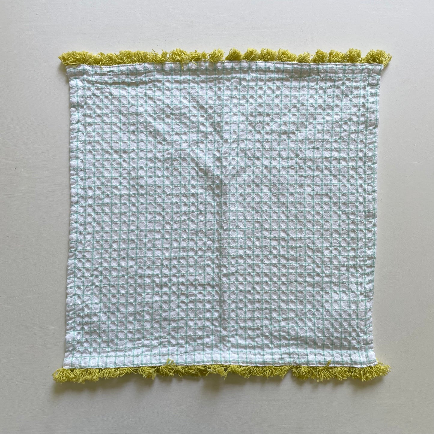 100 cotton waffle kitchen dishcloths with fringe in mint green with lime green fringe