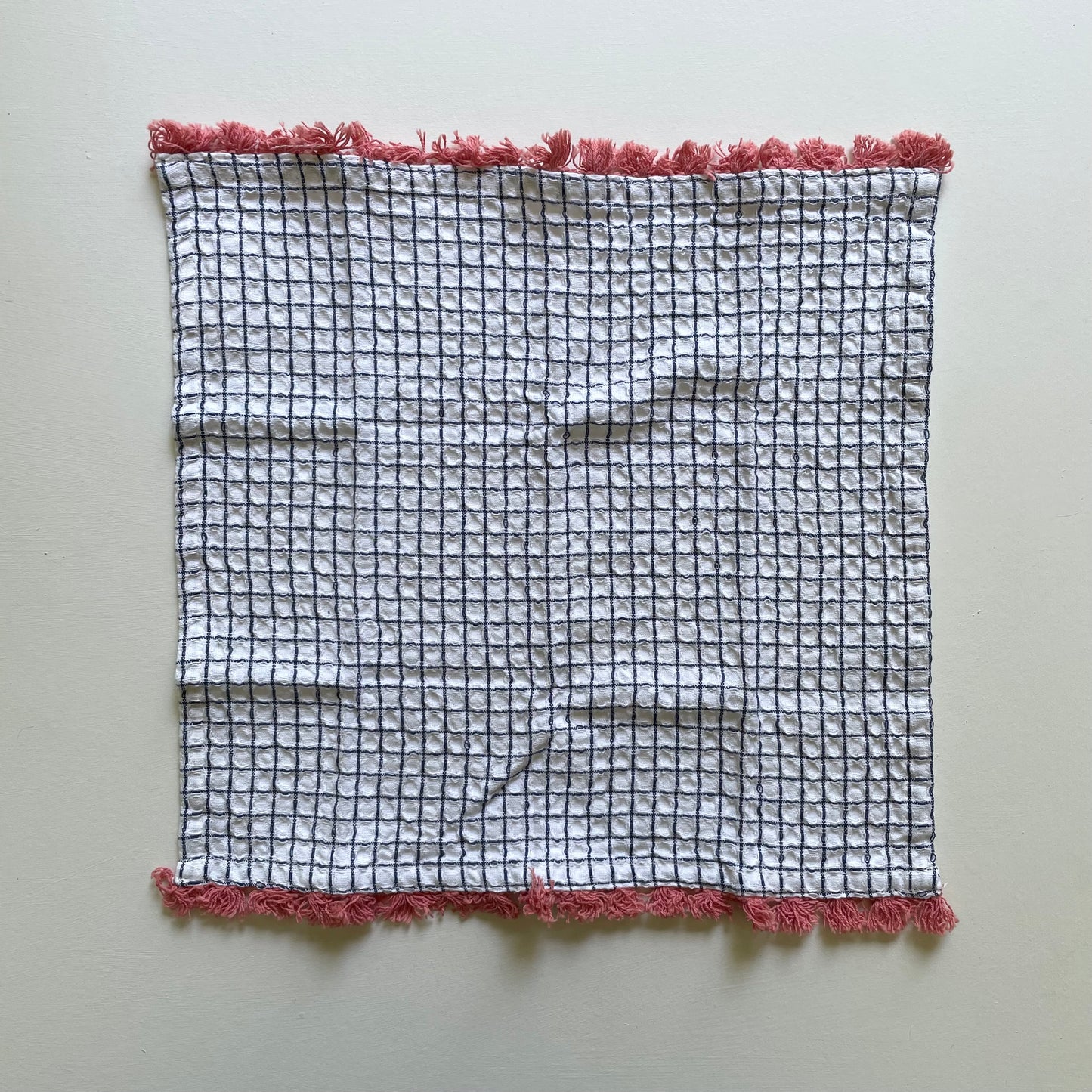 100 cotton waffle kitchen dishcloths with fringe in navy blue with red fringe