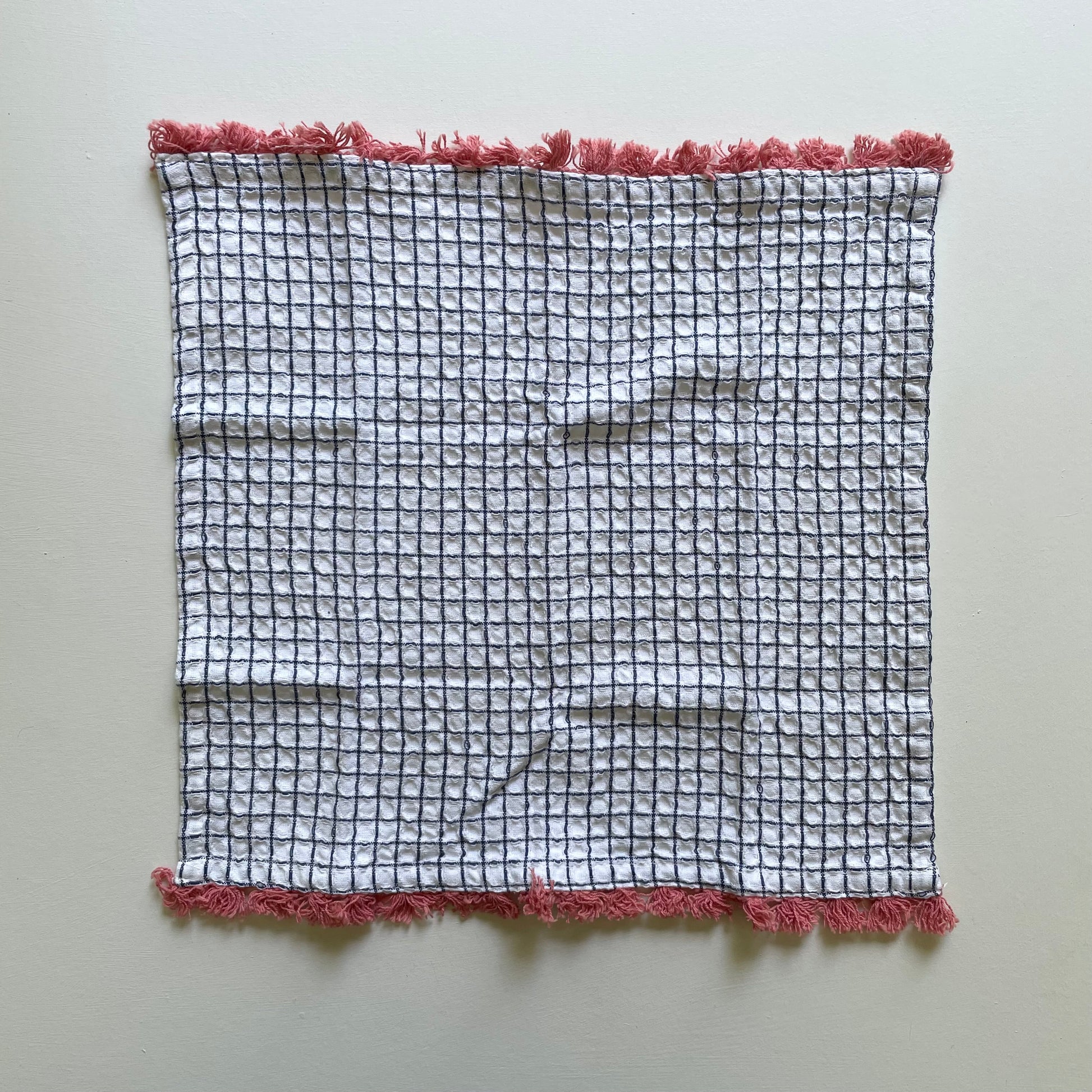 100 cotton waffle kitchen dishcloths with fringe in navy blue with red fringe