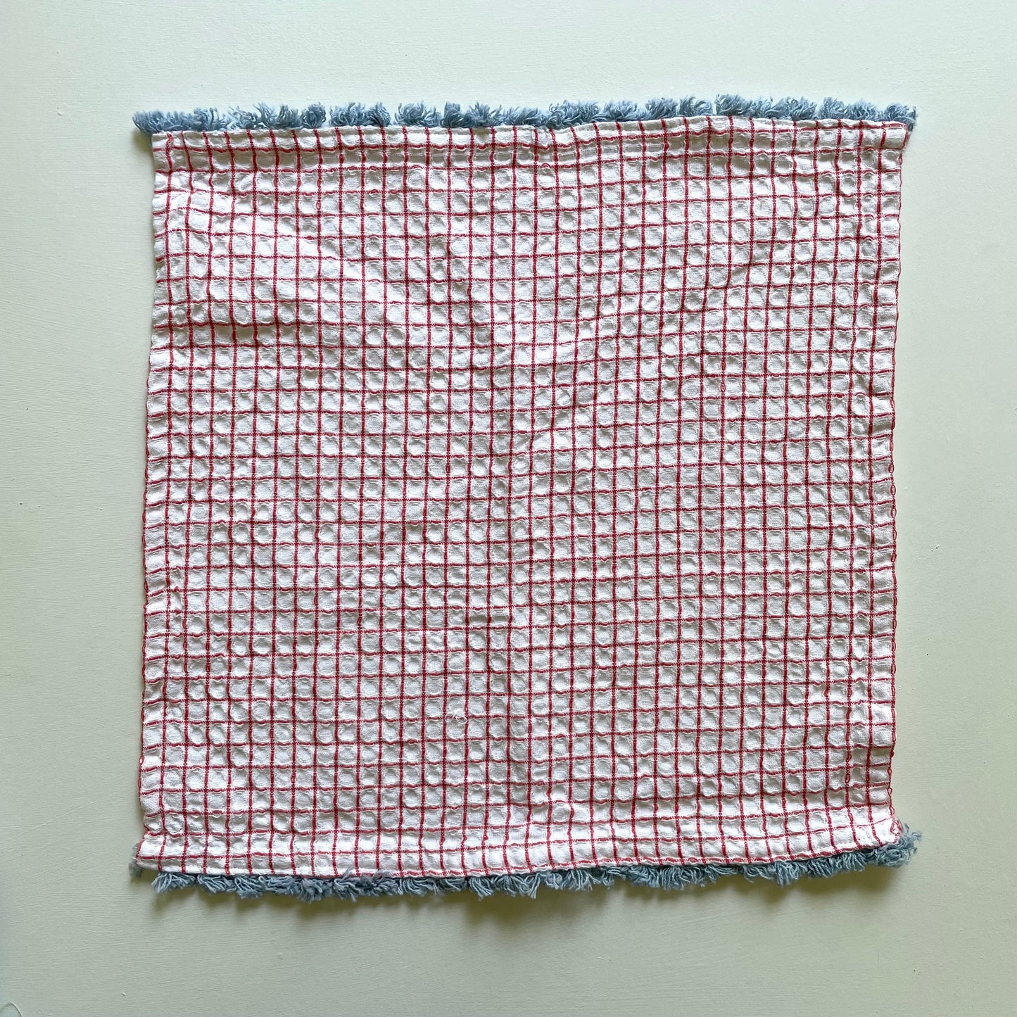 100 cotton waffle kitchen dishcloths with fringe in red with blue fringe