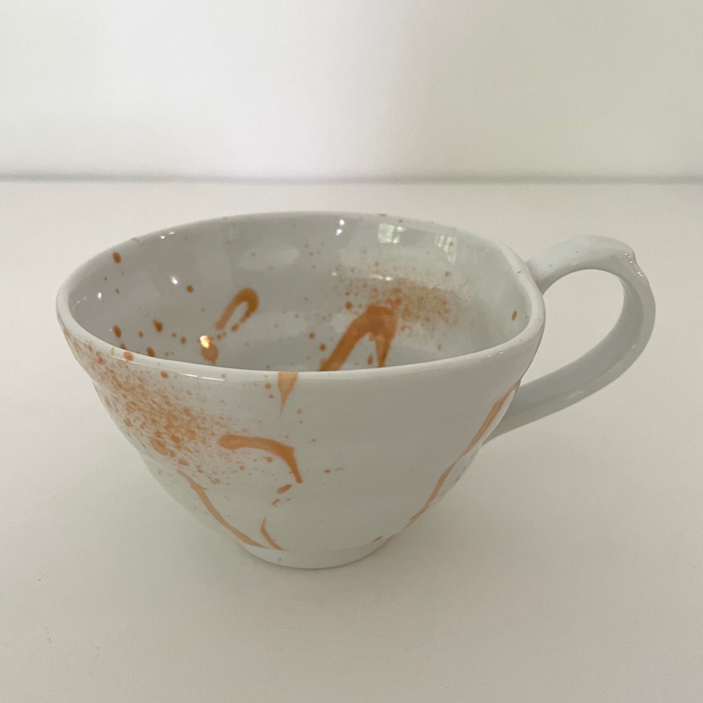 orange splatter mix and match artsy whimsical ceramic pottery Japanese coffee tea and soup mug