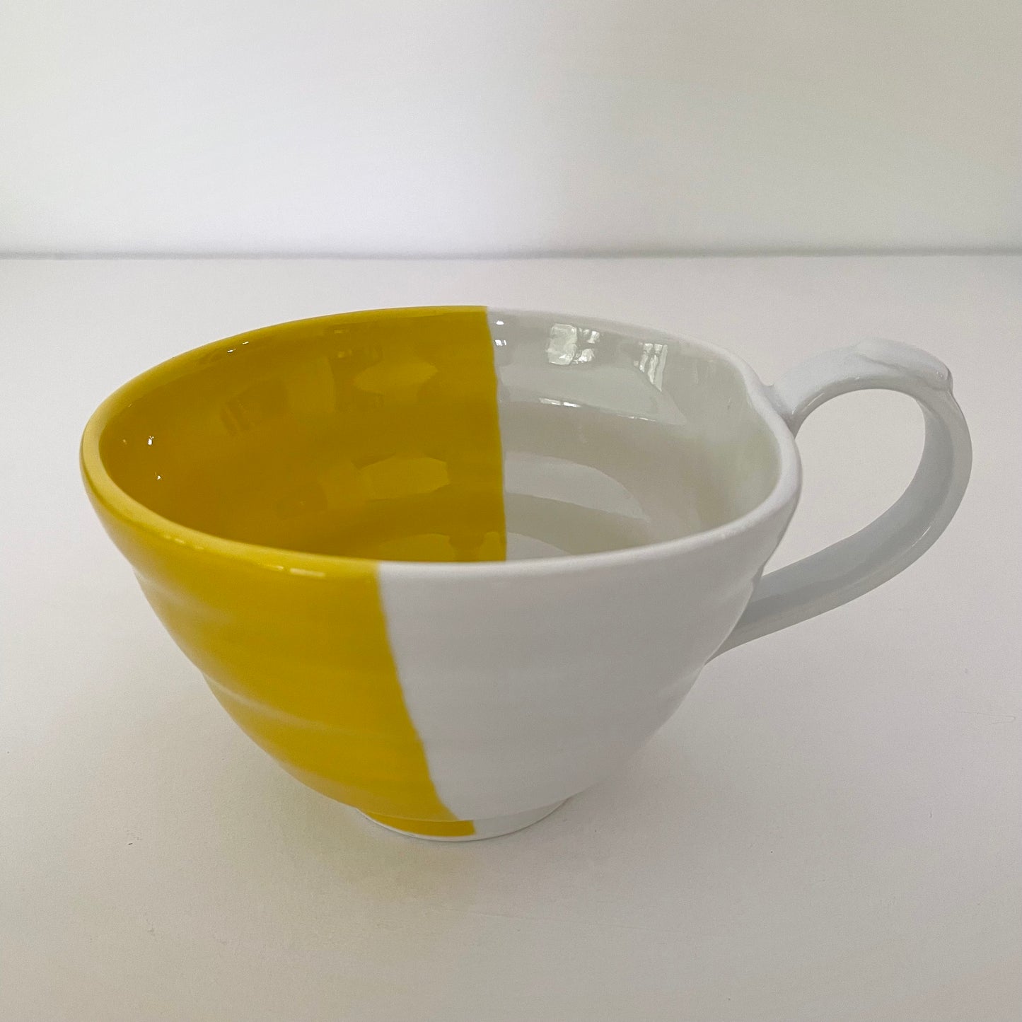 color-block yellow and white mix and match artsy whimsical ceramic pottery Japanese coffee tea and soup mug
