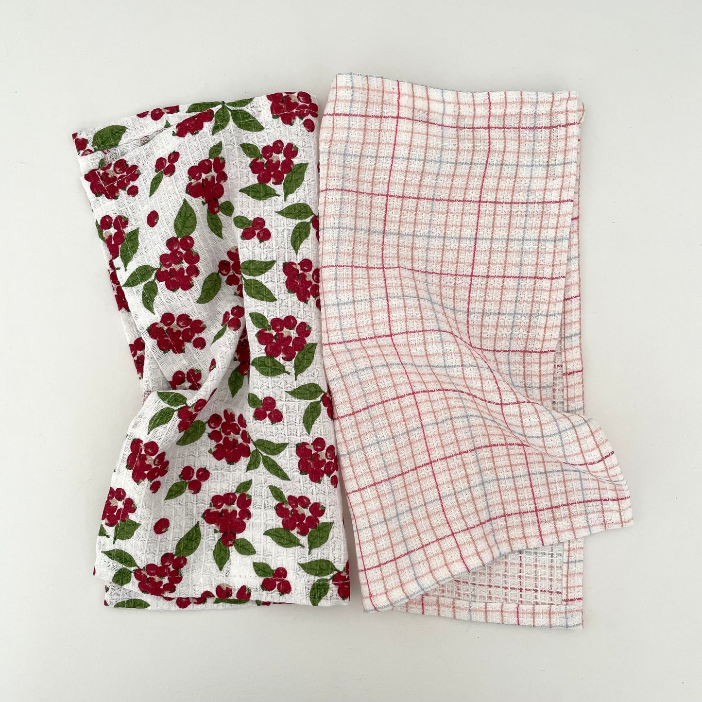 red and green cranberry print and plaid 100% cotton set of two square kitchen dishcloths