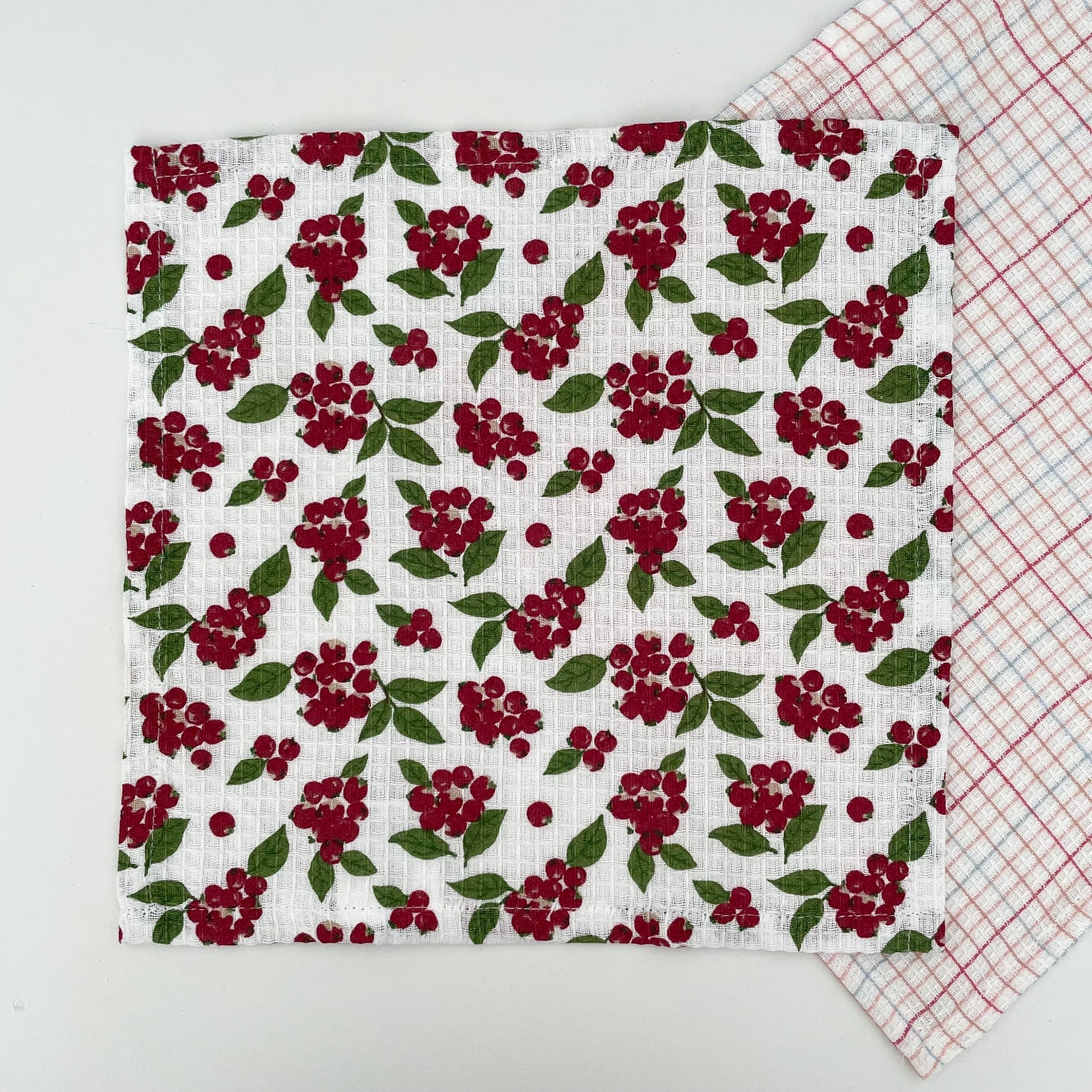 red and green cranberry print and plaid 100% cotton set of two square kitchen dishcloths