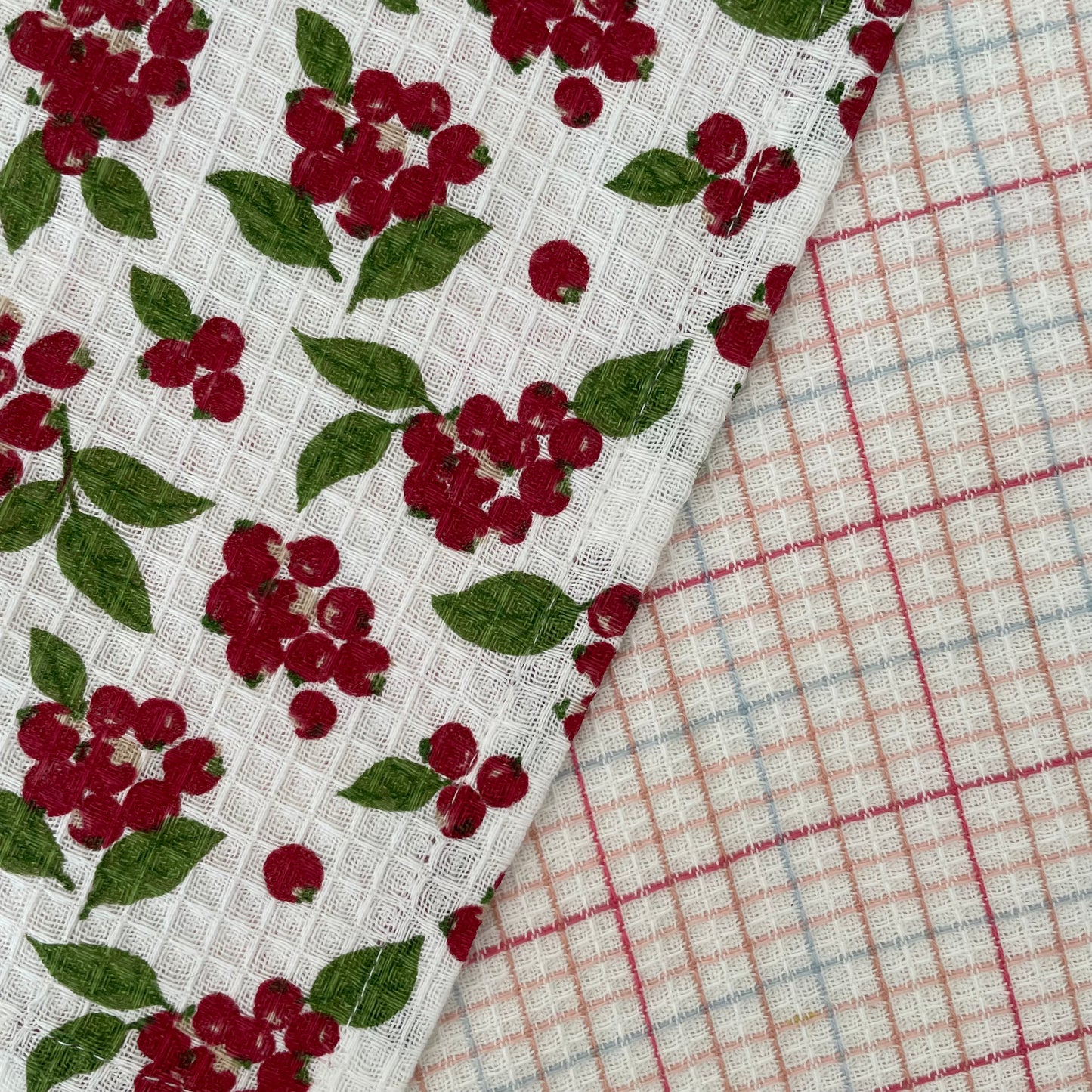 red and green cranberry print and plaid 100% cotton set of two square kitchen dishcloths