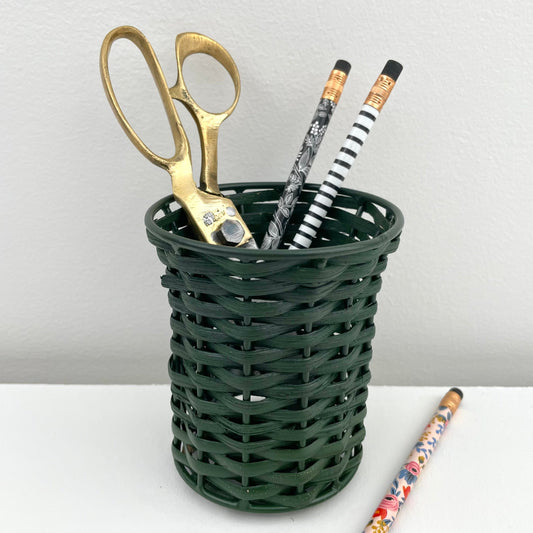 hunter green cane and iron woven pencil and pen holder