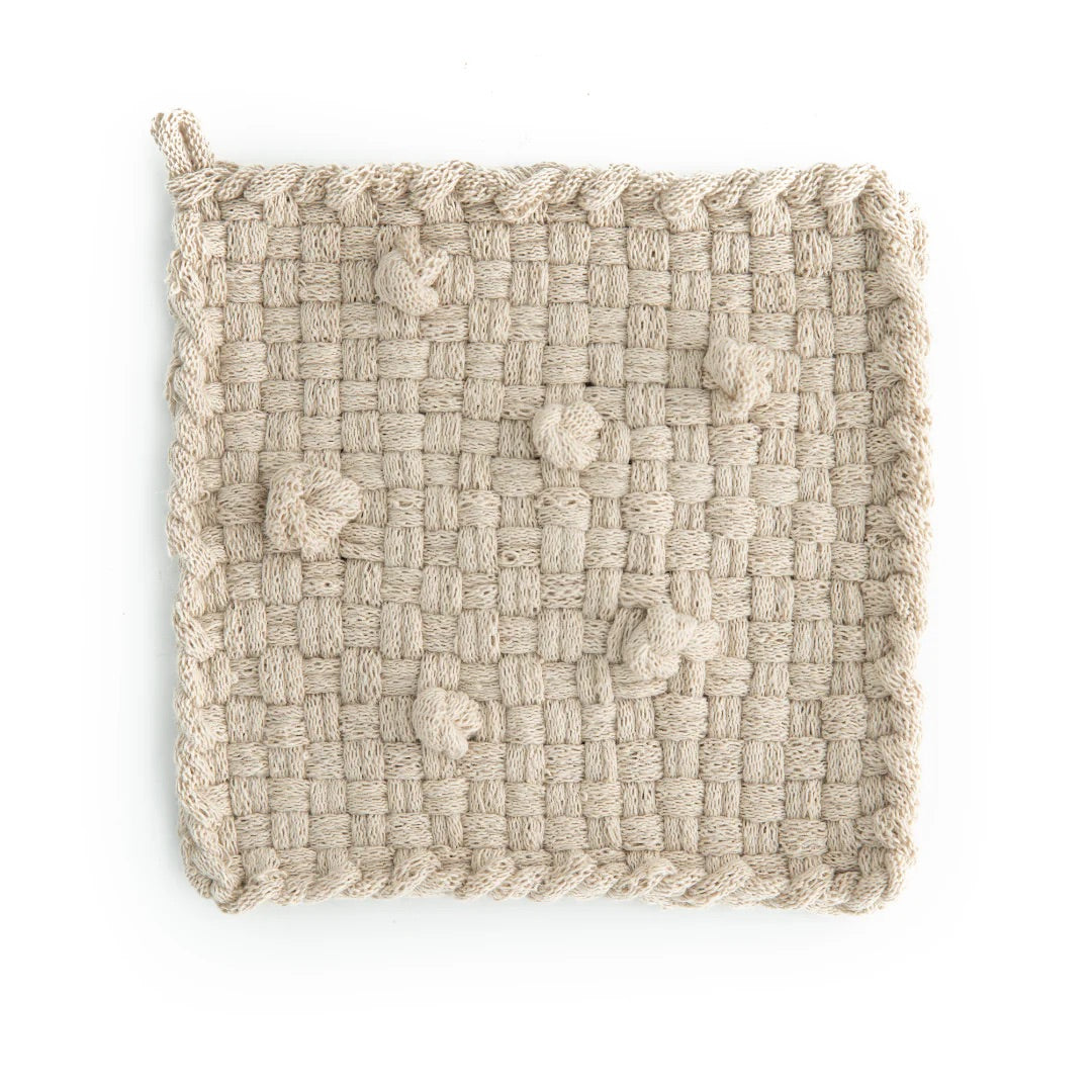 off-white handmade 100 percent cotton bobble woven potholder or trivet for a farmhouse kitchen