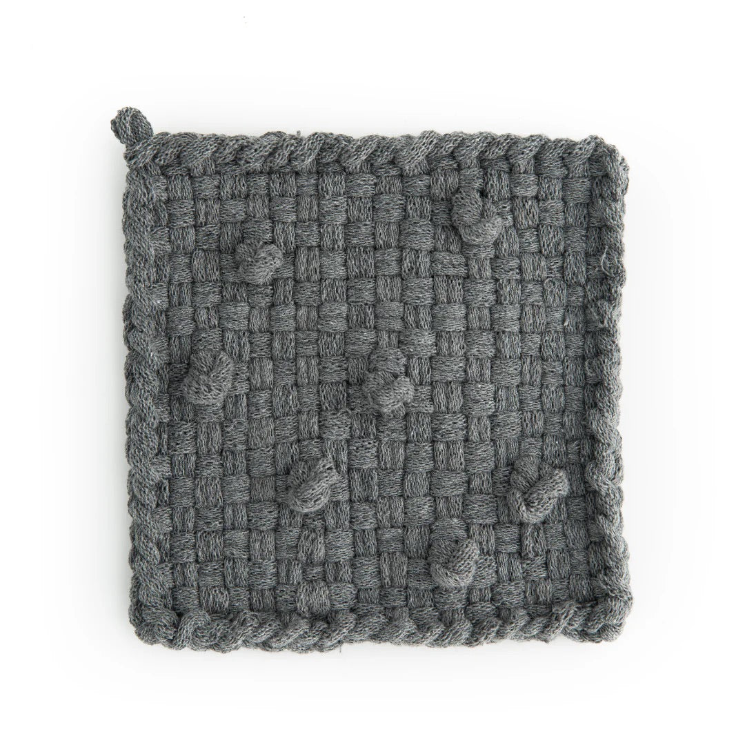 grey handmade 100 percent cotton bobble woven potholder or trivet for a farmhouse kitchen