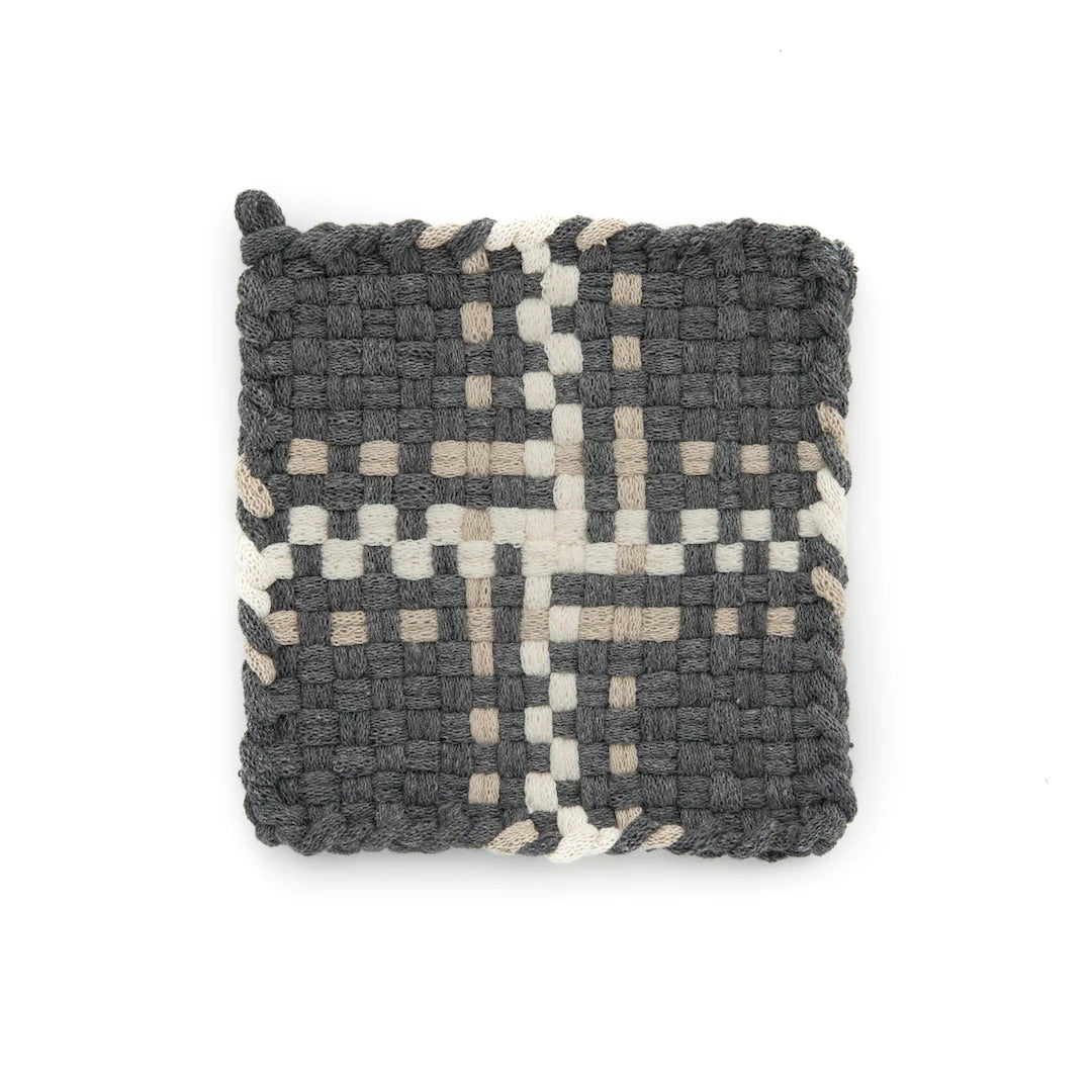 grey, tan, and cream handmade 100 percent cotton plaid woven potholder or trivet for a farmhouse kitchen