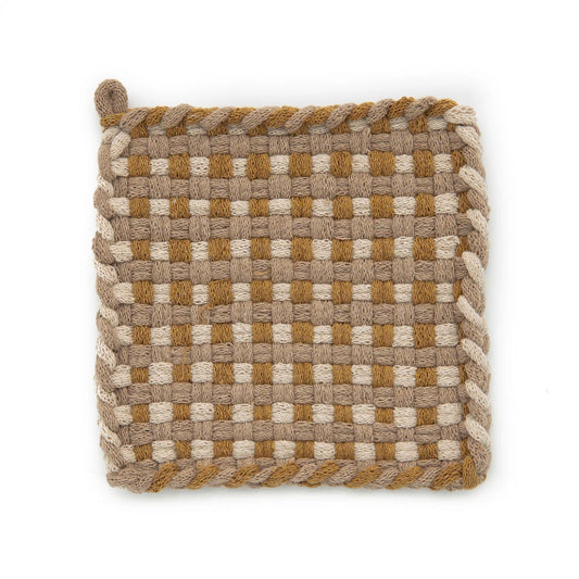 mustard, tan, and cream handmade 100 percent cotton gingham woven potholder or trivet for a farmhouse kitchen