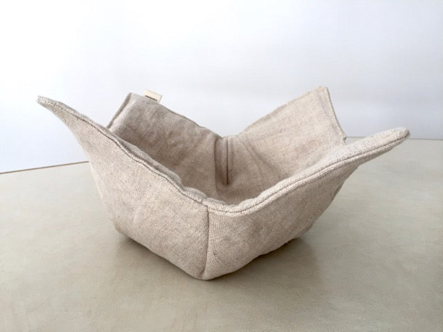 handmade neutral tan linen and cotton bowl wrap for hot soups and cold ice cream