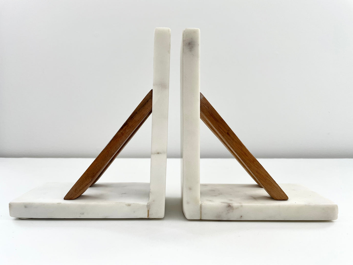 white marble and acacia wood minimal book ends