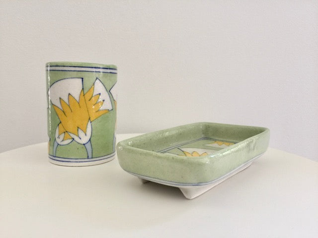 handmade ceramic pottery modern green floral tumbler toothbrush cup sponge holder