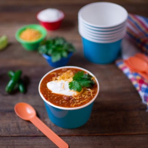 16 ounce solid blue paper ice cream cups to serve chili on a cold day