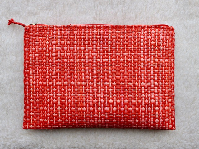set of 3 hot pink textured raffia woven bohemian zippered pouches