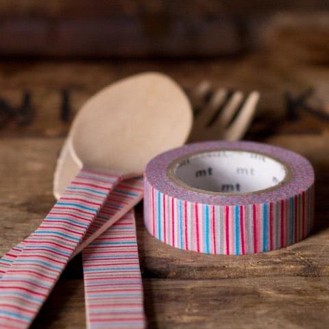 red, grey, and blue variegated striped MT Brand Japanese washi tape roll