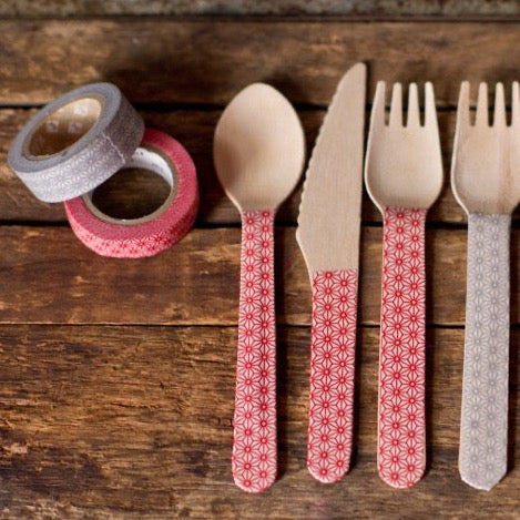 decorate wooden cutlery with grey and red flower printed Japanese washi tape