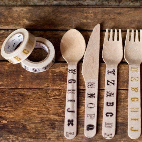 decorate wooden cutlery with gold and black vintage alphabet print MT Brand Japanese washi tape