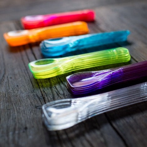 pink, yellow, and blue clear plastic colored ice cream taster spoons party supplies