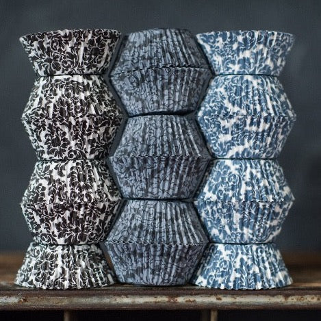 black, grey, and white damask print paper cupcake liners